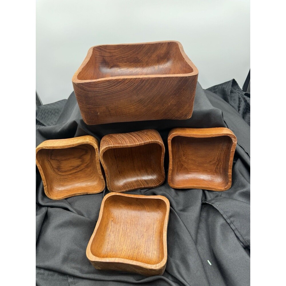 DolphinVintage square Teak Solid Wood Set Of Large Salad Bowl And 4 Smaller